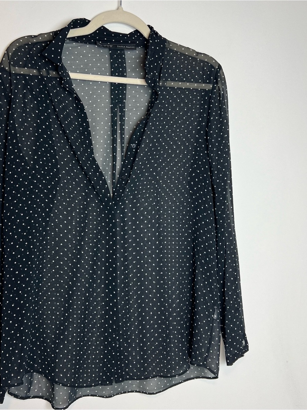 Zara Basic Black Sheer Micro Polka Dot Blouse - Size Large